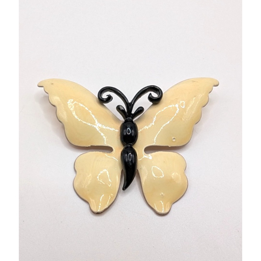 Vintage Large Cream Enamel Butterfly Brooch Black Body Gold Tone Insect Pin
